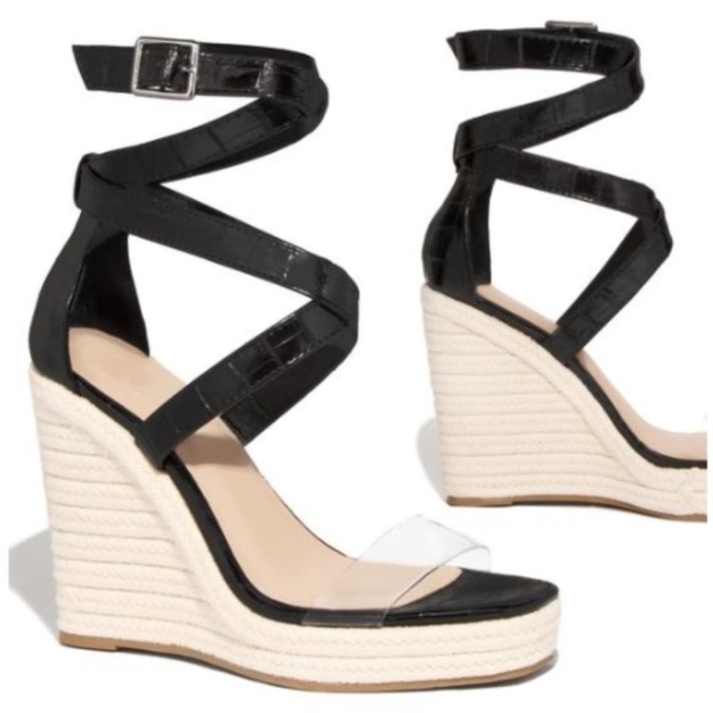 Black Croc Wedge Espadrilles - Picture 6 of 8